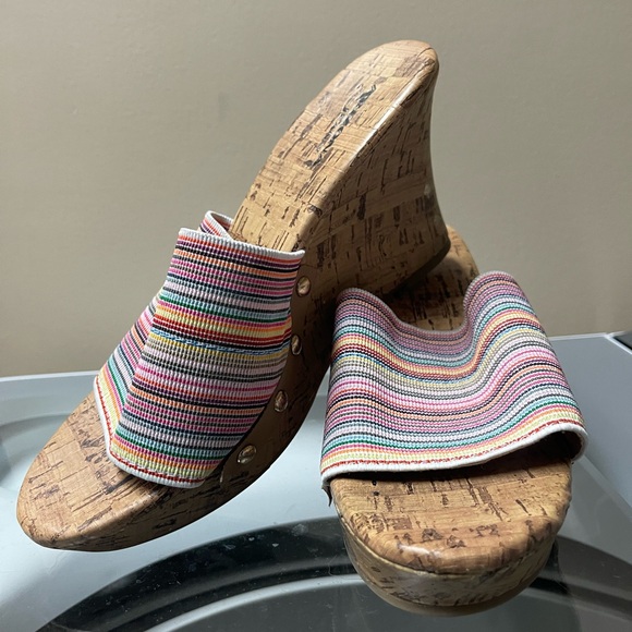 Arizona Jean Company Shoes - Arizona Jean Co. Multicolor Elastic Striped Cork Wedge Slide Sandals - Women